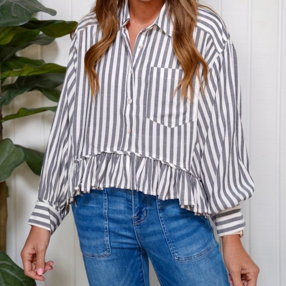 TCEC Gray and White Striped Button Down Shirt